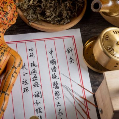Background of moxibustion and Chinese herbal medicine.Chinese character translation：Acupuncture is a traditional Chinese medical method.